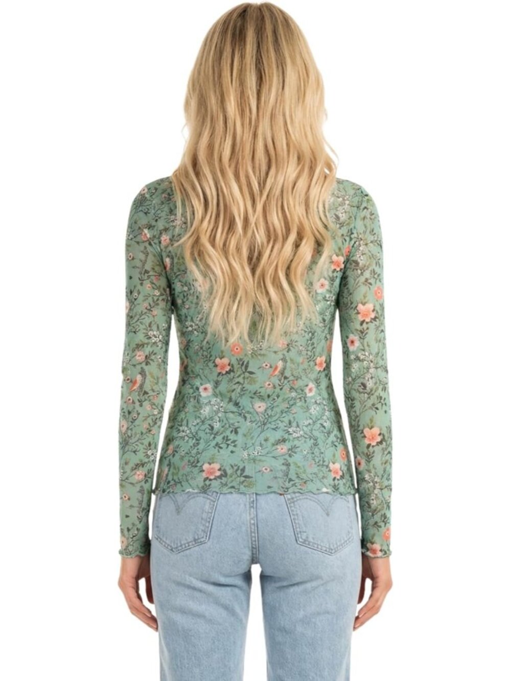 Womens Emerald Green Finch Print  Mesh Stretchy Blouse Tops Long Sleeve Shirt - Picture 4 of 4